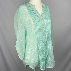 Chico’s aqua sheer embroidered button down blouse Chicos women’s size 1